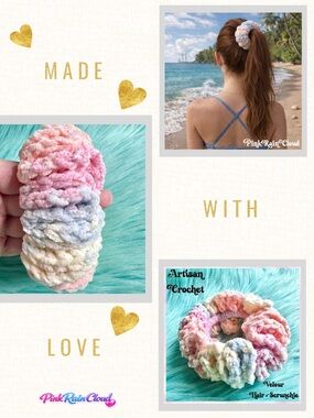 Handmade VELVET Pastel Beach Sunset Crochet Scrunchie Hair Tie PinkRainCloud